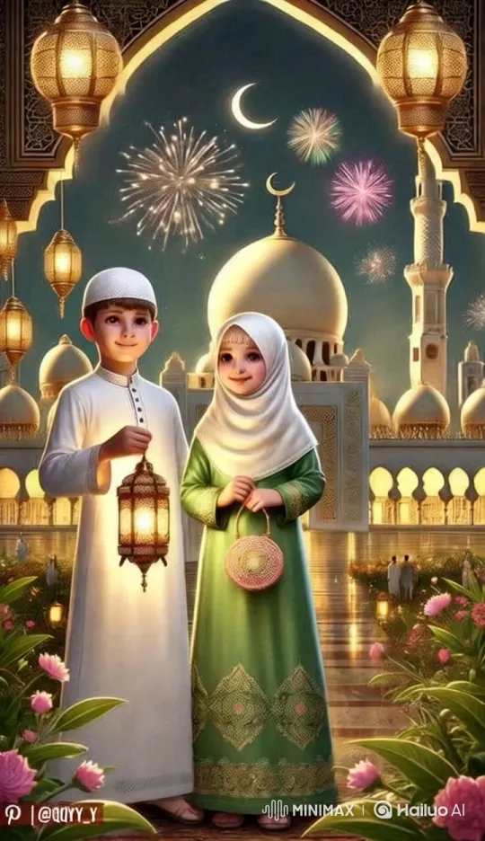 Cultural Celebration: Boy and Girl by Illuminated Mosque – AI Generated Video | Hailuo AI