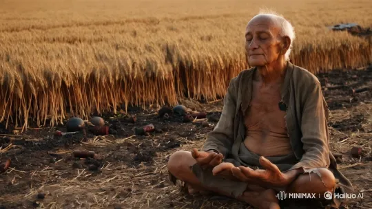 Elder Meditates Amidst War-Scarred Wheat Field – AI Generated Video | Hailuo AI