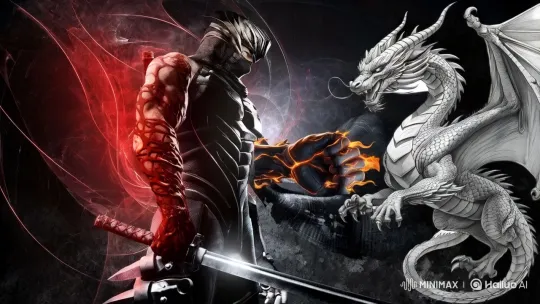 Masked Warrior Battles Fiery Dragon in Epic Showdown – AI Generated Video | Hailuo AI