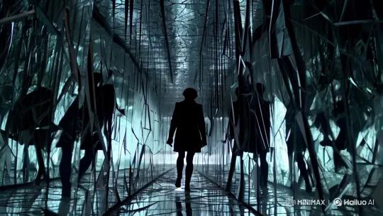 Character Navigates Fractured Mirror Corridor in Dreamlike Sequence – AI Generated Video | Hailuo AI