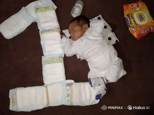 Baby in Onesie Surrounded by Diapers in Artistic Scene – AI Generated Video | Hailuo AI