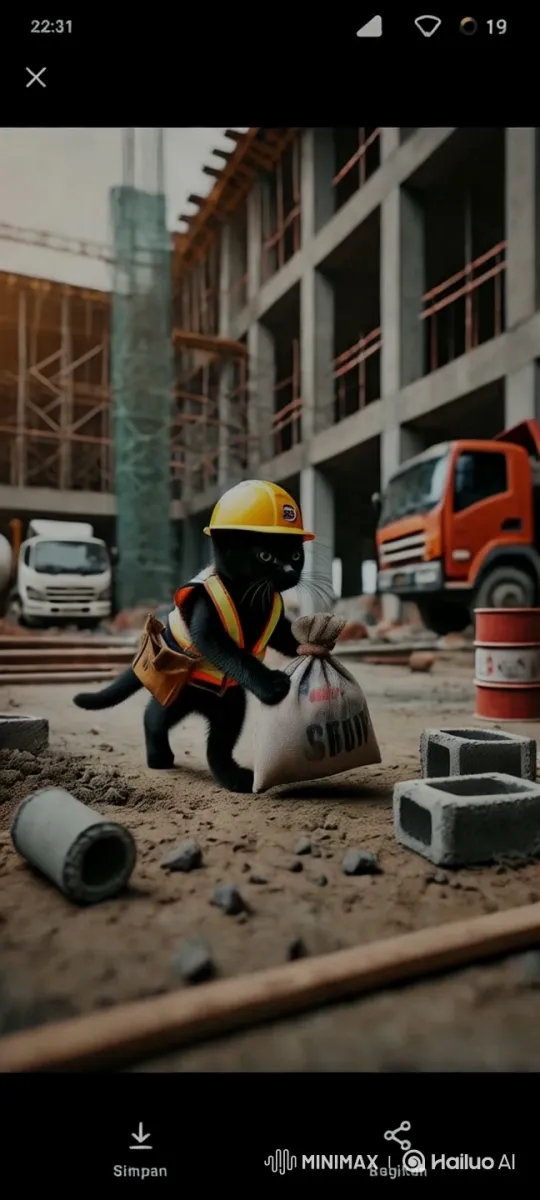 Construction Cat Carries Cement in Colorful Site – AI Generated Video | Hailuo AI