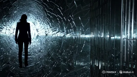 Character Navigates Infinite Corridor of Shattering Mirrors – AI Generated Video | Hailuo AI
