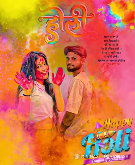 Vibrant Holi Celebration: Couple Embraces Festive Spirit – AI Generated Video | Hailuo AI