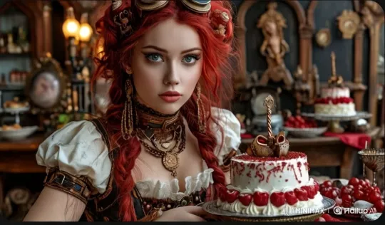 Vintage Room: Steampunk Woman Lifts Ornate Cake – AI Generated Video | Hailuo AI