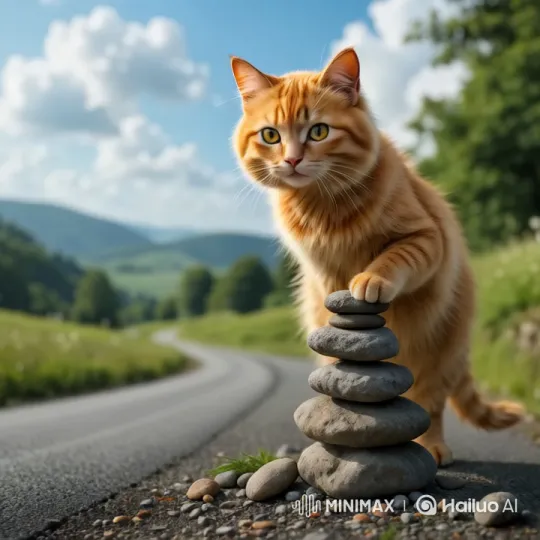 Curious Cat Balances Stones on Countryside Road – AI Generated Video | Hailuo AI
