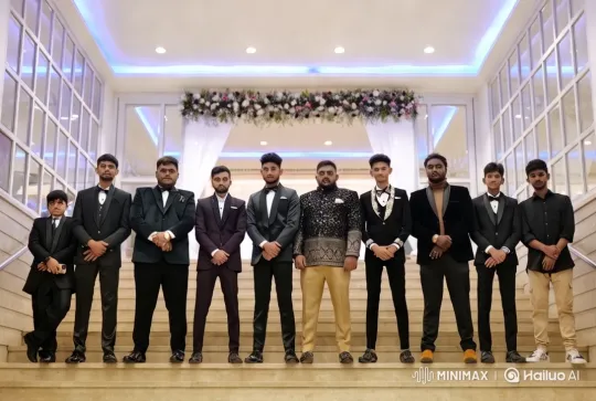 Formal Men Showcase Elegance on Grand Staircase – AI Generated Video | Hailuo AI