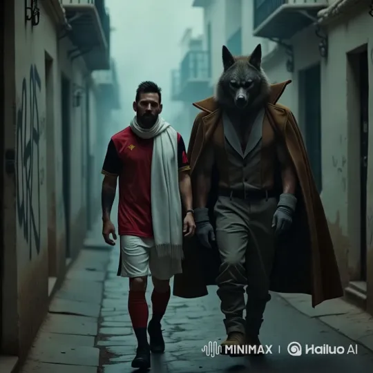 Man Walks with Angry Anthropomorphic Wolf in Alley – AI Generated Video | Hailuo AI