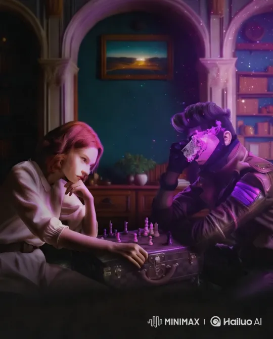 Mysterious Gambit Faces Red-haired Strategist in Tense Chess Duel – AI Generated Video | Hailuo AI