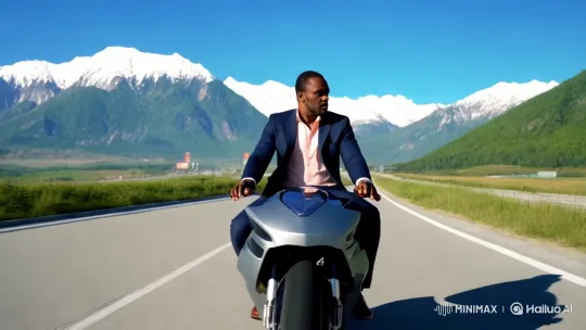 Futuristic Motorcycle Ride in Majestic Mountains – AI Generated Video | Hailuo AI