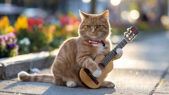 Ginger Cat Serenades with a Guitar in a Colorful Garden – AI Generated Video | Hailuo AI