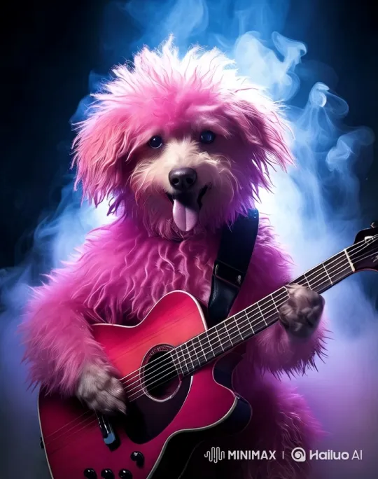 Colorful Dog Plays Guitar in Dramatic Setting – AI Generated Video | Hailuo AI