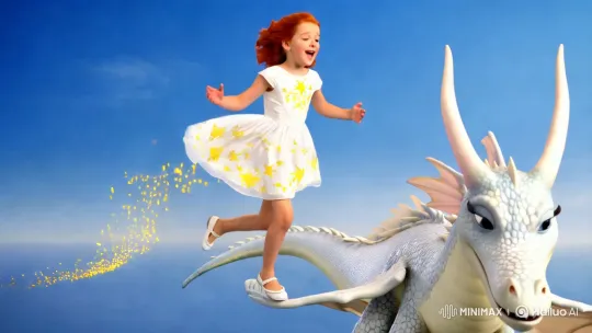 Red-haired Girl Sings, Runs in Sky with White Dragon – AI Generated Video | Hailuo AI