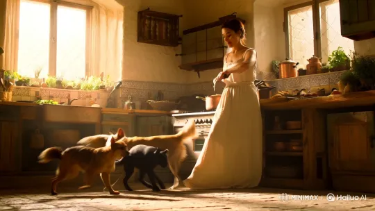 Domestic Bliss: Woman Cooks Amidst Pet Playfulness – AI Generated Video | Hailuo AI