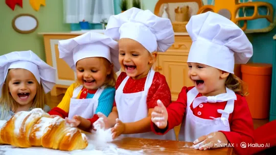 Children Playfully Craft Croissants in Whimsical Kitchen – AI Generated Video | Hailuo AI