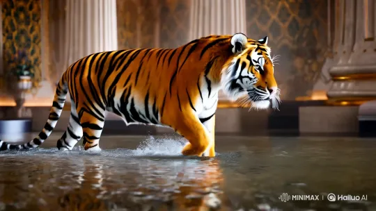 Majestic Tiger Glides Across Reflective Surface in Opulent Room – AI Generated Video | Hailuo AI
