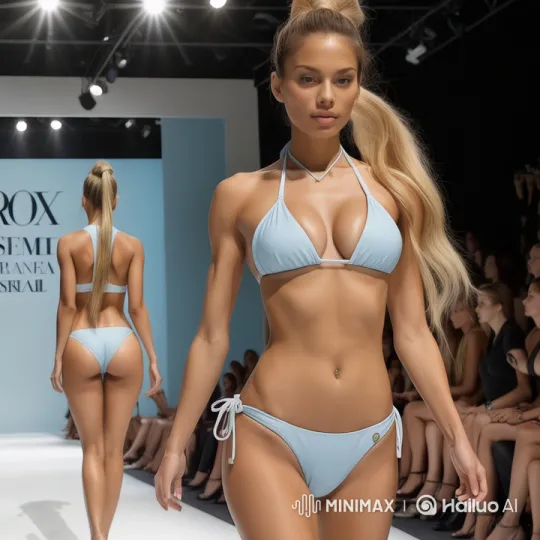 Fashion Show: Model in Light Blue Bikini on Runway – AI Generated Video | Hailuo AI