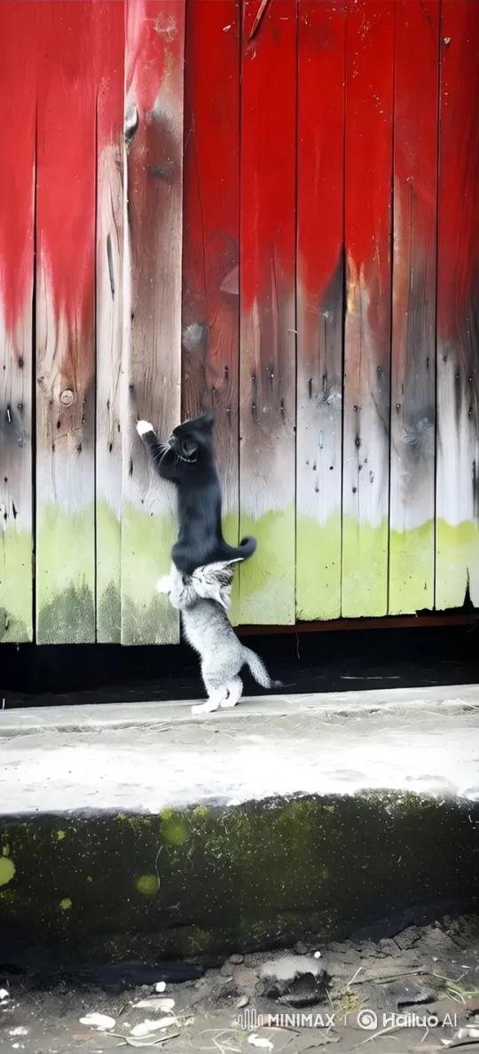 Playful Kittens Interact with Red Wooden Wall – AI Generated Video | Hailuo AI