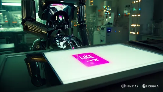 Android 'Likes' Futuristic Tech in Dim Laboratory – AI Generated Video | Hailuo AI