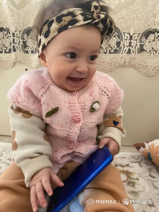 Curious Baby with Smartphone in Cozy Floral Room – AI Generated Video | Hailuo AI