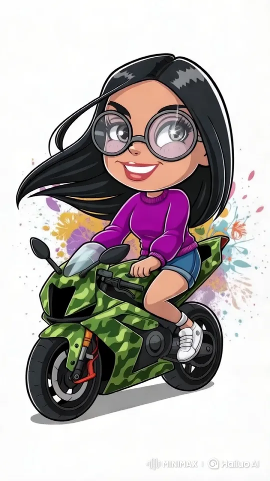 Young Girl on Camouflage Motorcycle in Artistic Setting – AI Generated Video | Hailuo AI