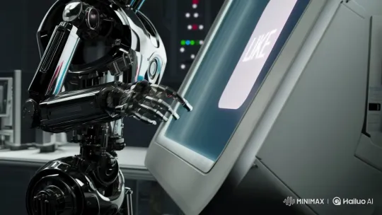 Futuristic Android Engages with Touchscreen Interface – AI Generated Video | Hailuo AI