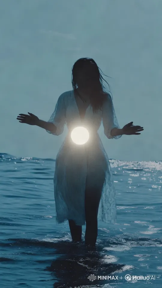 Woman Embraces Serenity in Glowing Ocean Scene – AI Generated Video | Hailuo AI