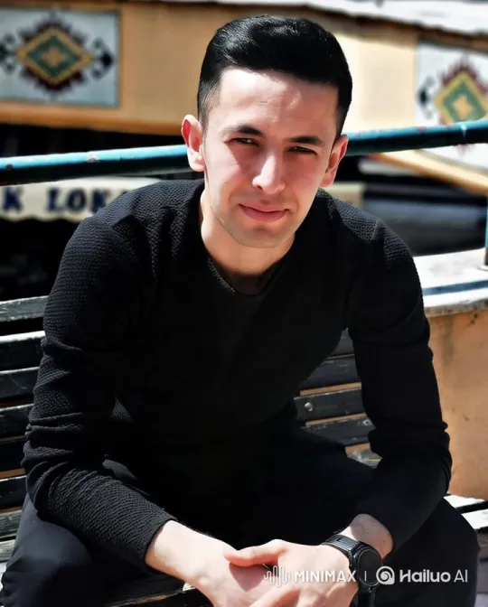 Man in Black on Bench Amidst Decorative Backdrop – AI Generated Video | Hailuo AI