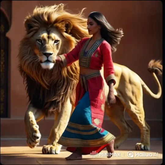 Moroccan Woman Rides Majestic Lion in Exotic Setting – AI Generated Video | Hailuo AI