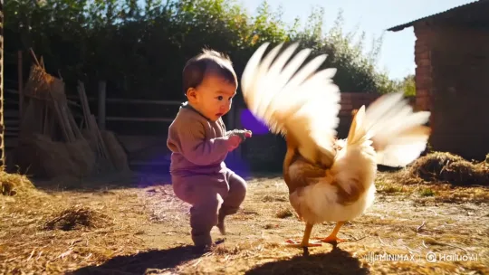 Baby and Chicken Face Off in Sunlit Farmyard Drama – AI Generated Video | Hailuo AI