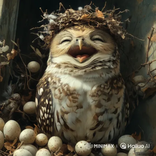 Joyful Owl in Twiggish Crown Amidst Eggs – AI Generated Video | Hailuo AI