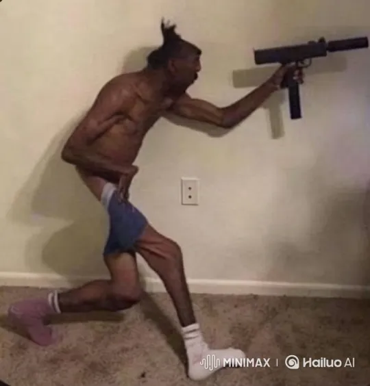 Dynamic Pose: Shirtless Man with Gun on Plain Background – AI Generated Video | Hailuo AI