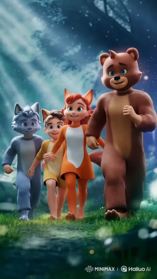 Magical Forest Walk: Animal Costumed Characters in Enchanted Path – AI Generated Video | Hailuo AI