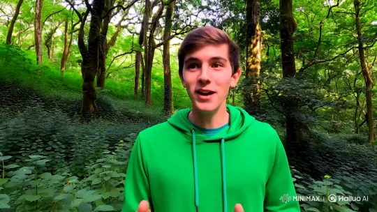 Young Environmentalist Advocates in Lush Forest – AI Generated Video | Hailuo AI