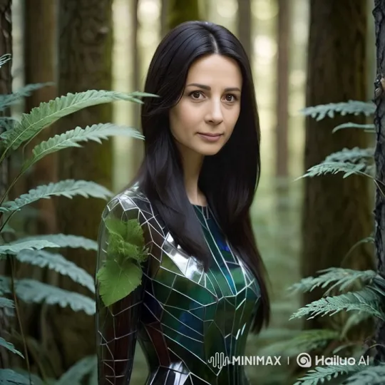 Woman in Futuristic Outfit Points at Viewer in Lush Forest – AI Generated Video | Hailuo AI