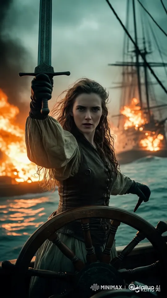 Dramatic Hero Stands Ready on Fiery Ship – AI Generated Video | Hailuo AI