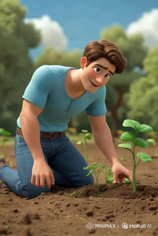 Young Man Planting Seed in Lush Garden – AI Generated Video | Hailuo AI