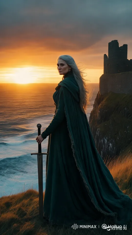 Hero on Cliff: Sunset, Castle, and Sword – AI Generated Video | Hailuo AI