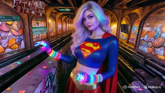 Supergirl Showcases Break-Dancing in Graffiti-Adorned Subway – AI Generated Video | Hailuo AI