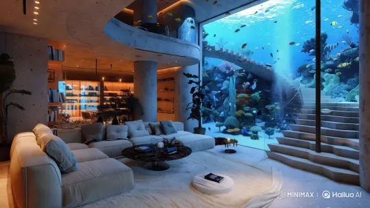 Luxurious Living Room with Stunning Aquarium Window – AI Generated Video | Hailuo AI