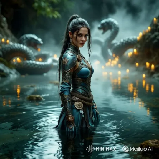 Mystical Warrior Woman Amidst Dragons and Serpents – AI Generated Video | Hailuo AI
