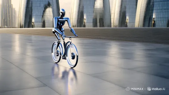 Futuristic Robot Rides Bicycle in Minimalist Cityscape – AI Generated Video | Hailuo AI