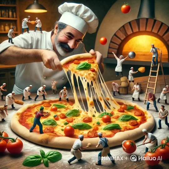 Italian Chef and Animated Mini Chefs Make Pizza in Rustic Kitchen – AI Generated Video | Hailuo AI