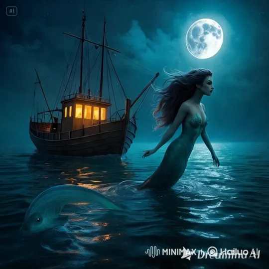 Mermaid Evades Pursuing Boat in Moonlit Tranquility – AI Generated Video | Hailuo AI