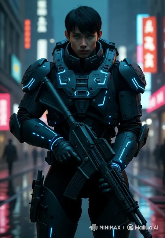 Futuristic Soldier Showdown in Neon-Lit City – AI Generated Video | Hailuo AI