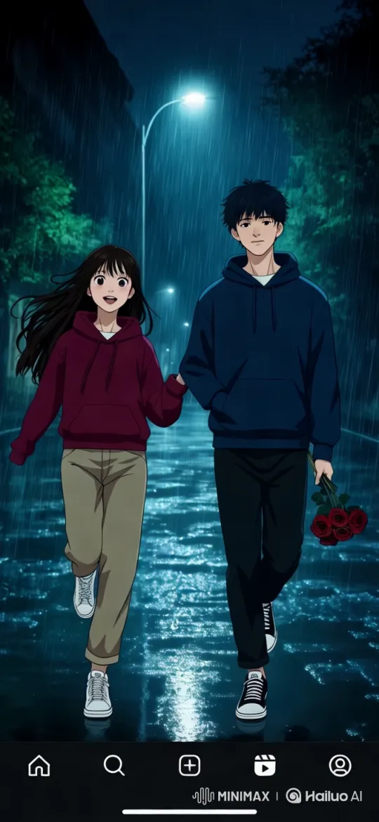 Couple Walking in Rain with Roses: A Serene Moment – AI Generated Video | Hailuo AI