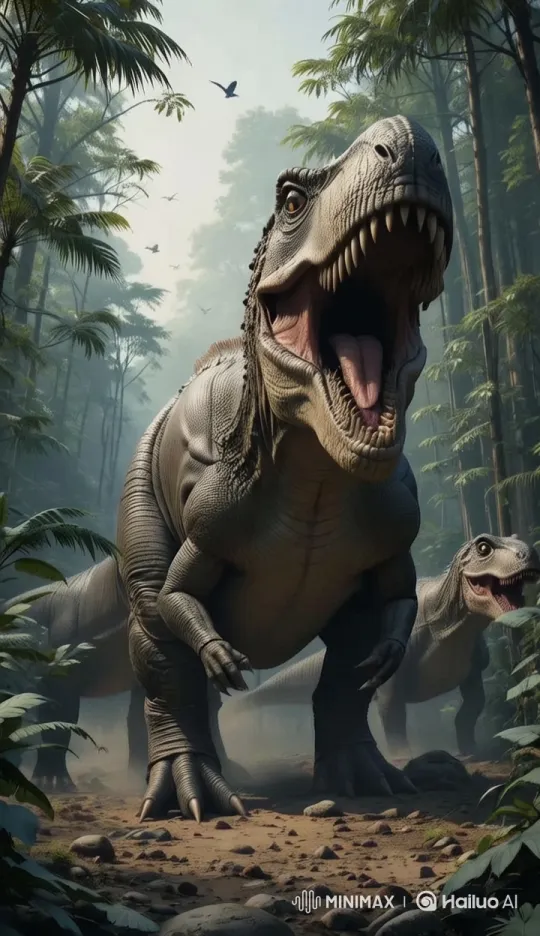Prehistoric Dinosaur Roam Through Dense Forest – AI Generated Video | Hailuo AI