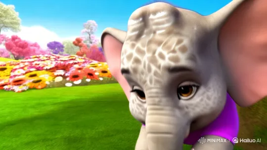 Young Elephant Leads Joyful Parade in Colorful Animated Meadow – AI Generated Video | Hailuo AI