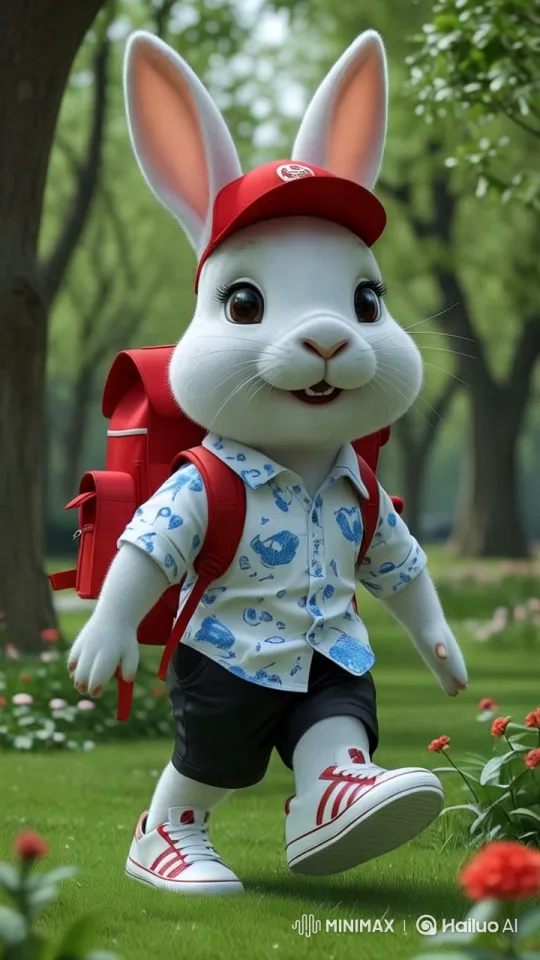 White Rabbit Runs Through Lush Park in Vivid Video – AI Generated Video | Hailuo AI
