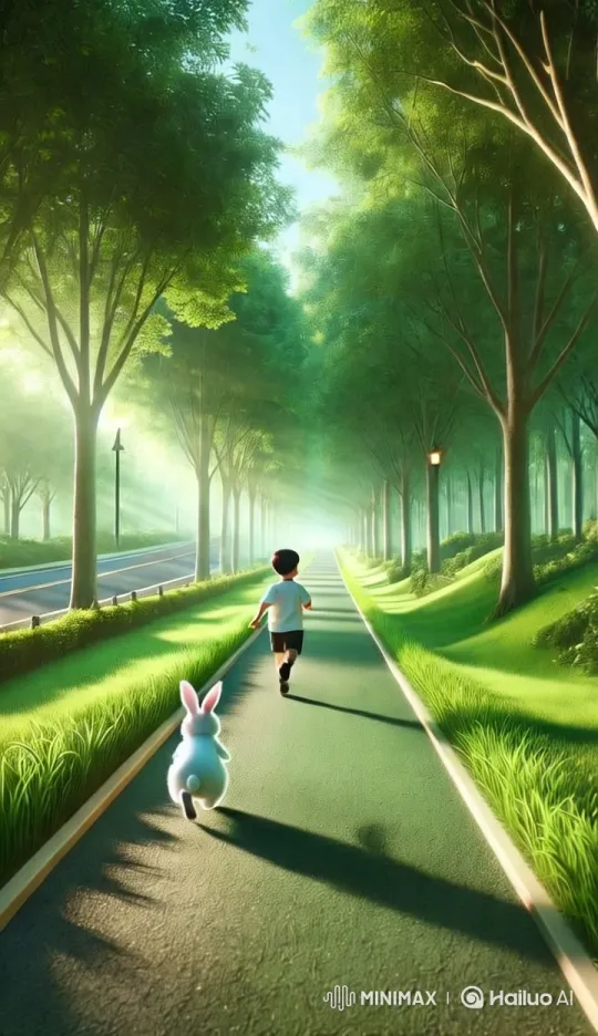 Boy and Rabbit Frolic Through Golden Autumn Path – AI Generated Video | Hailuo AI